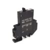 Black industrial relay module with terminal blocks and white model/ratings text (27VAC, 65VDC) on the side.