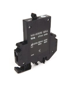 Black industrial relay module with terminal blocks and white model/ratings text (27VAC, 65VDC) on the side.