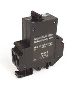 Industrial solid-state/thermal magnetic circuit breaker module with terminal blocks and toggle handle on top
