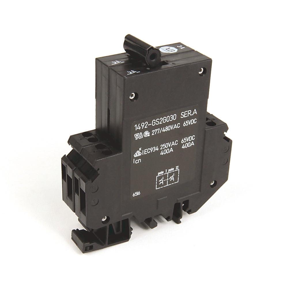 Industrial solid-state/thermal magnetic circuit breaker module with terminal blocks and toggle handle on top