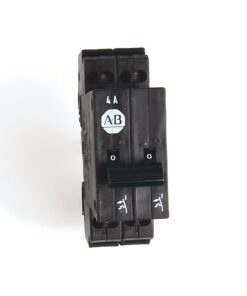 Double-pole miniature circuit breaker rated at 4 A with AB logo and toggle switches in the off position