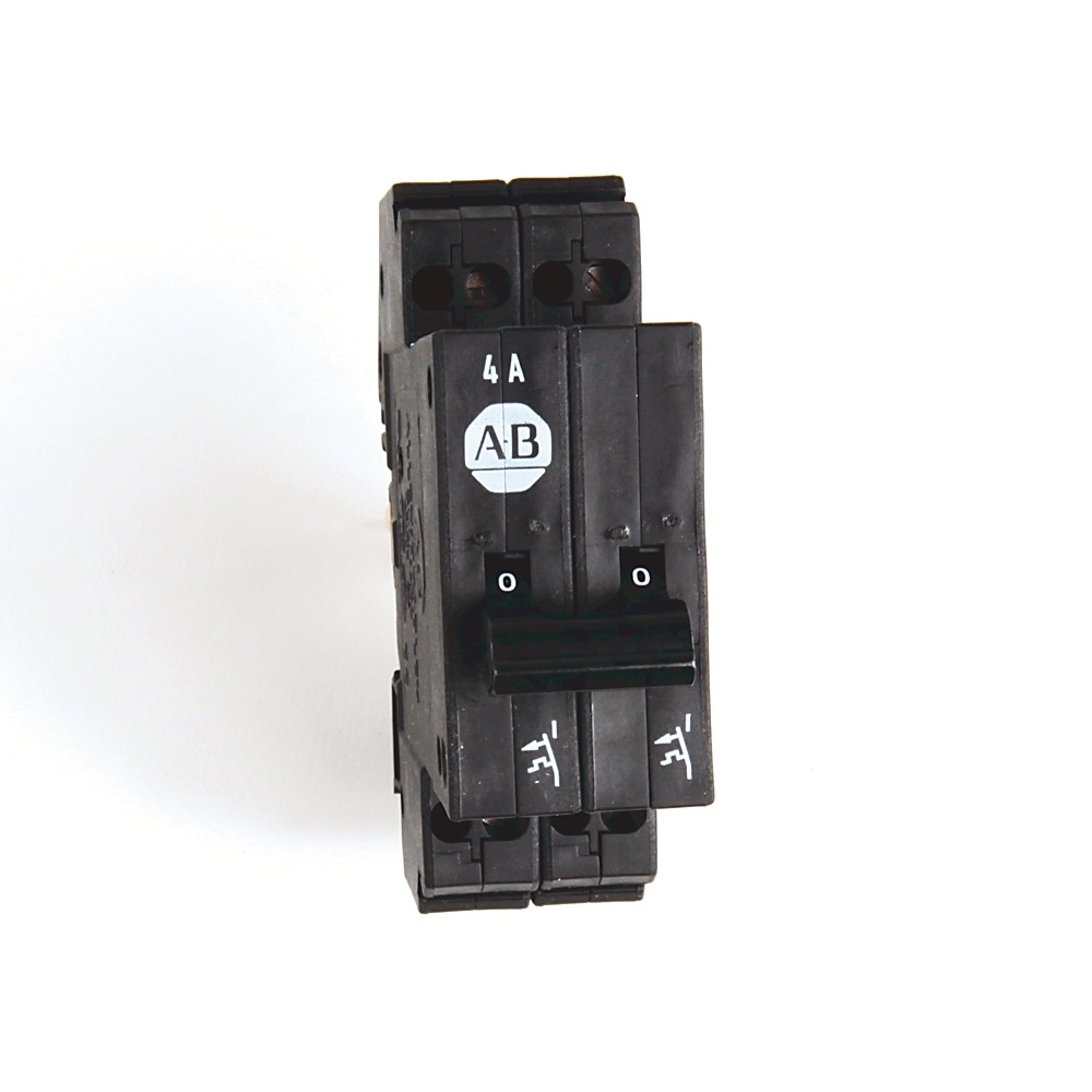 Double-pole miniature circuit breaker rated at 4 A with AB logo and toggle switches in the off position