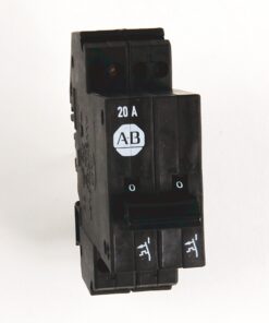 Two-pole 20A circuit breaker with AB logo and dual toggle switches