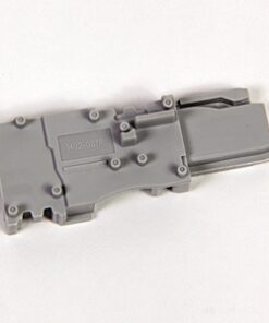 Gray plastic mechanical housing with multiple mounting holes and a rectangular connector on one end.