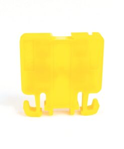 Bright yellow plastic device with a central block and curved hook-like feet at the bottom.