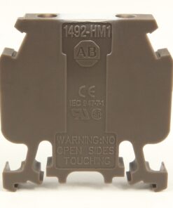 Gray ABB electrical module labeled 1492-HM1 with AB logo and safety marks; warning 'OPEN SIDES TOUCHING'.