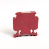 Red plastic terminal block module with side feet and two top mounting holes on a white background, viewed from the side.