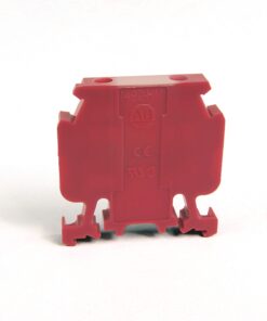 Red plastic terminal block module with side feet and two top mounting holes on a white background, viewed from the side.