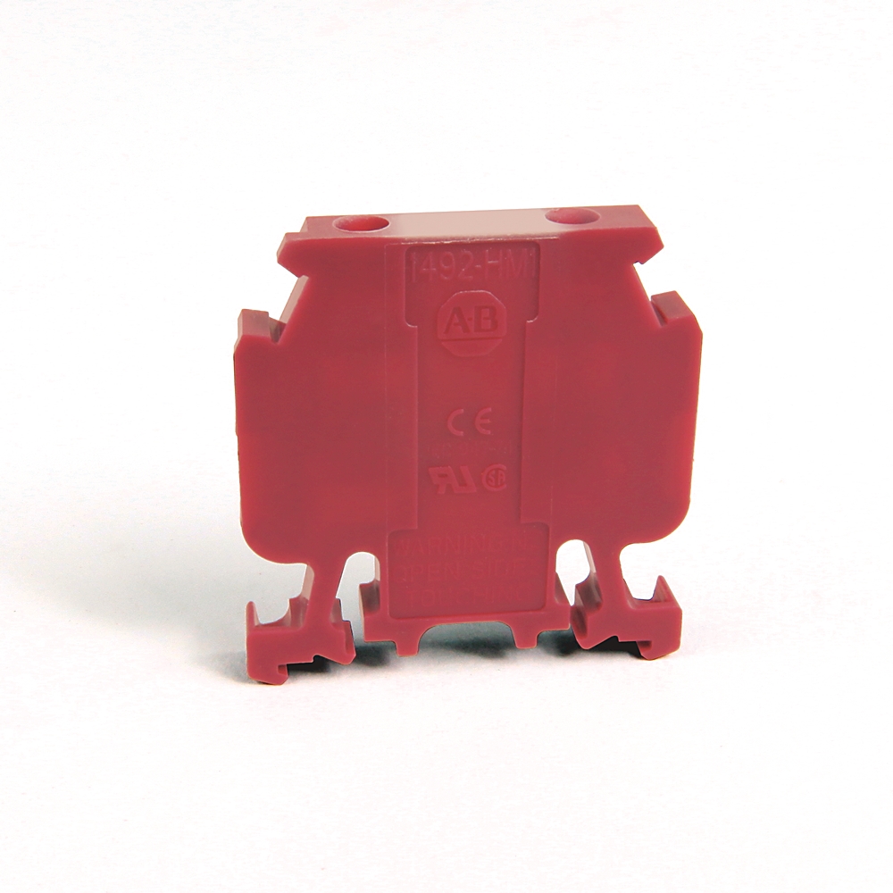 Red plastic terminal block module with side feet and two top mounting holes on a white background, viewed from the side.