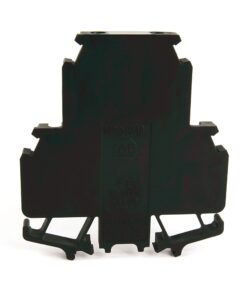 Back view of a black modular electrical connector housing with side mounting clips.
