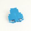 Blue plastic electrical terminal block module with mounting clips on a white background, viewed from a slight angle.