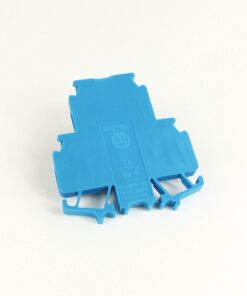 Blue plastic electrical terminal block module with mounting clips on a white background, viewed from a slight angle.