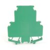 Green plastic modular terminal block component with mounting clips, viewed from the back.