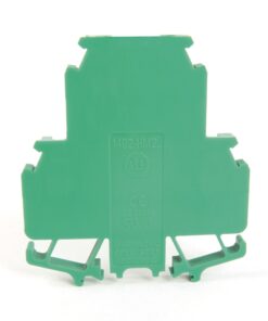 Green plastic modular terminal block component with mounting clips, viewed from the back.