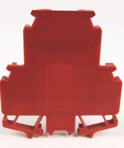 Red plastic modular electrical component housing with bottom mounting tabs, front label shows A-B logo and model text (1492-HM2).