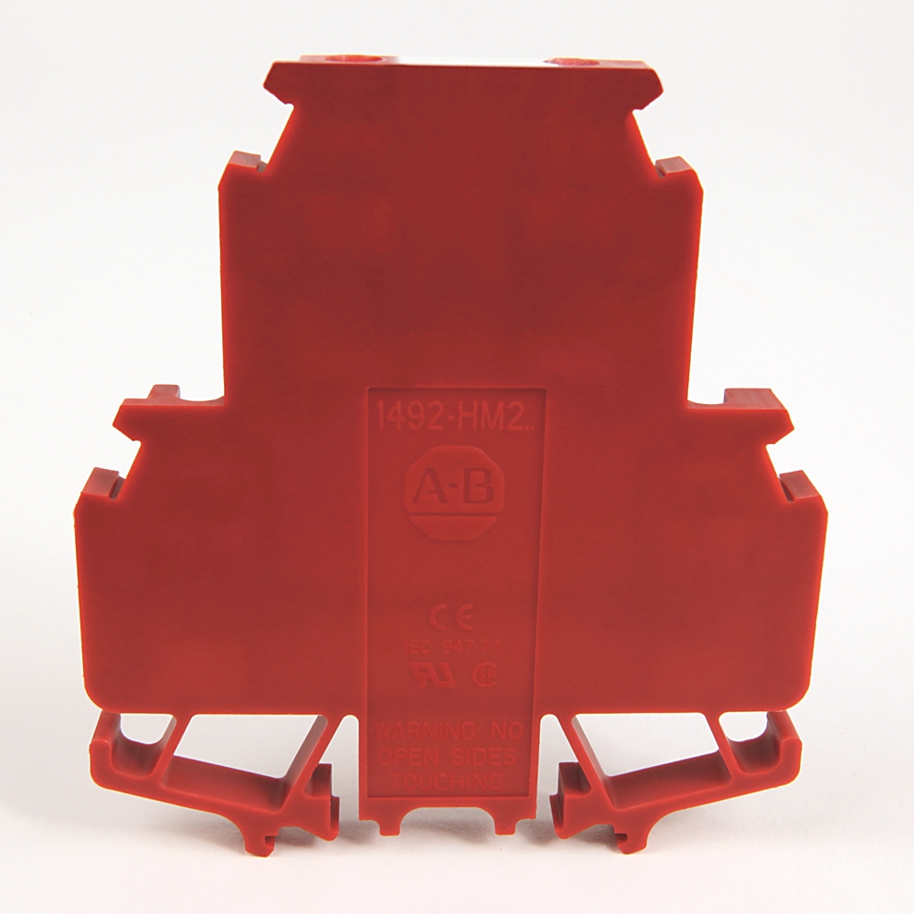 Red plastic modular electrical component housing with bottom mounting tabs, front label shows A-B logo and model text (1492-HM2).