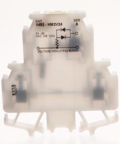 Translucent plastic voltage-indicating block with schematic and the label '10-55 VAC or VDC' and part number '1492-HM2V24'.