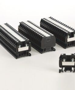 Three large black terminal blocks with rows of screw terminals and metal clamps, arranged on a white background, plus a smaller adjacent block. Intended for PCB or DIN rail terminations.