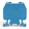 Blue ABB DIN-rail style terminal block with two top screw holes for wiring, used to connect electrical conductors.