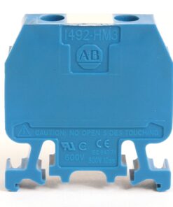 Blue ABB DIN-rail style terminal block with two top screw holes for wiring, used to connect electrical conductors.