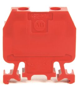 Red plastic electrical terminal block with bottom mounting hooks, labeled 402-HM3 and AB branding.