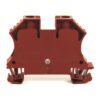 Red plastic dual-terminal block housing with two wire connection slots and bottom mounting feet, used for electrical wiring connections