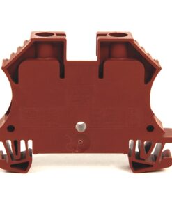 Red plastic dual-terminal block housing with two wire connection slots and bottom mounting feet, used for electrical wiring connections