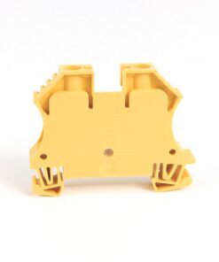 Back view of a yellow two-pole terminal block for electrical connections.