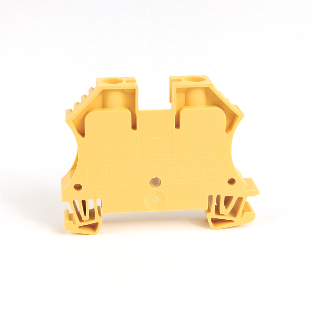 Back view of a yellow two-pole terminal block for electrical connections.