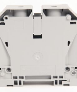 Rear view of a gray two-pole relay/base module with mounting slots and terminal openings