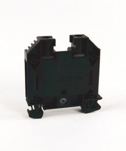 Black modular electrical terminal block component with mounting feet, shown from the side.