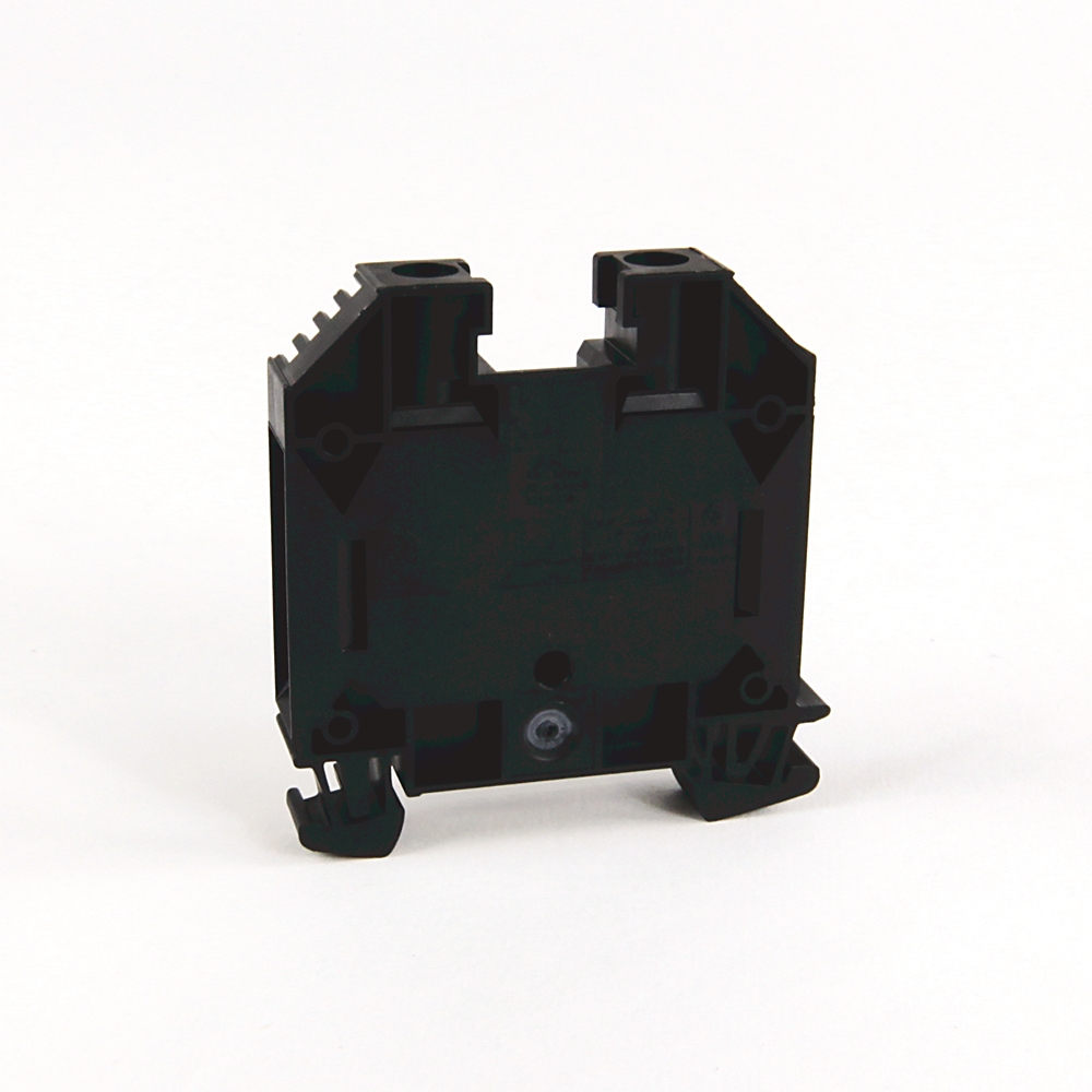 Black modular electrical terminal block component with mounting feet, shown from the side.