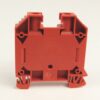 Red plastic modular electrical terminal block base with mounting feet, shown from the back.