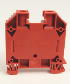 Red plastic modular electrical terminal block base with mounting feet, shown from the back.