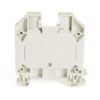 White modular electrical terminal block with side clamp housings, shown from front view for mounting and wiring.