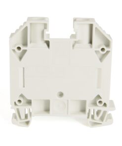 White modular electrical terminal block with side clamp housings, shown from front view for mounting and wiring.