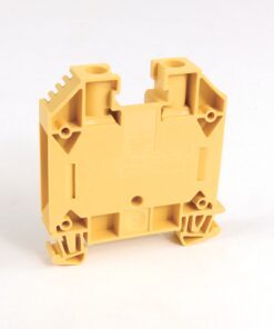 Yellow plastic electrical terminal block housing with mounting feet, viewed from the side showing terminal slots and connectors.