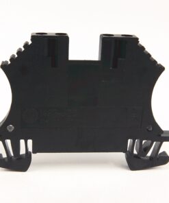 Black modular electrical terminal block with side hooks, photographed on a white background for use in wiring connections