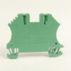 Green plastic dual-terminal block for wiring connections with two clamp ports on top and bottom edges.