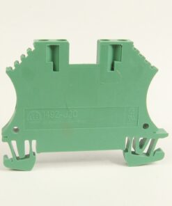 Green plastic dual-terminal block for wiring connections with two clamp ports on top and bottom edges.