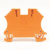 Orange plastic electrical terminal block with two vertical slots for wire insertion and bottom clamps