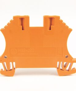 Orange plastic electrical terminal block with two vertical slots for wire insertion and bottom clamps