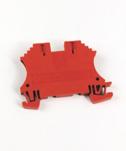 Red plastic terminal block component with clip-like ends on a white background, likely an electrical connector part used for wiring.