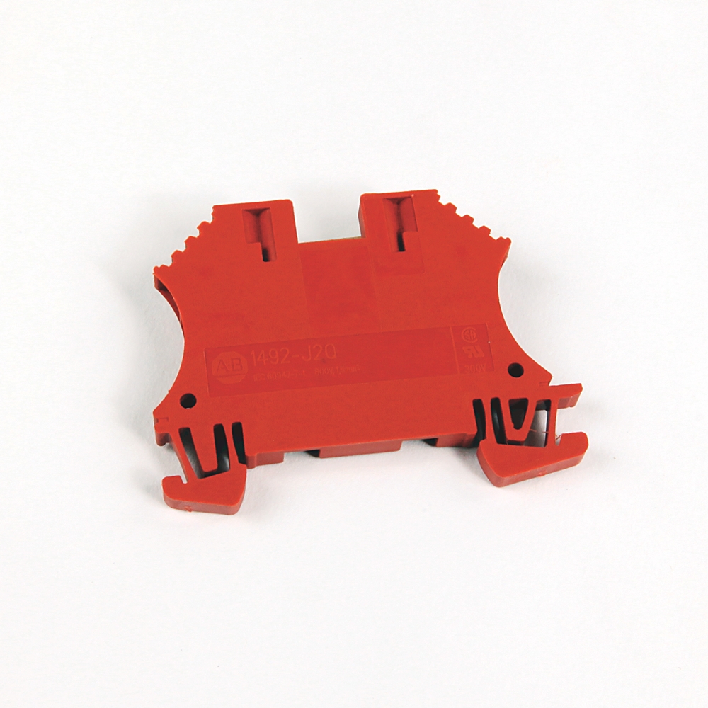 Red plastic terminal block component with clip-like ends on a white background, likely an electrical connector part used for wiring.