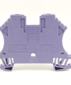 Back view of a purple plastic terminal block connector for industrial wiring, with mounting holes and feet visible