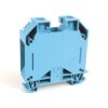 Blue plastic two-position terminal block module for wiring in control panels or DIN-rail installations with two clamp openings on top.