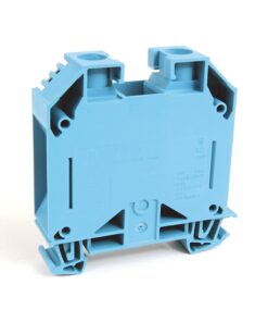 Blue plastic two-position terminal block module for wiring in control panels or DIN-rail installations with two clamp openings on top.