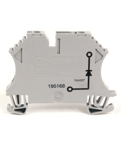 Gray industrial electrical module with screw-terminal ends and wiring diagram printed on the side (model 1492-J3DF)