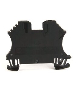 Back view of a black plastic terminal block module with two mounting clips, used in industrial control systems