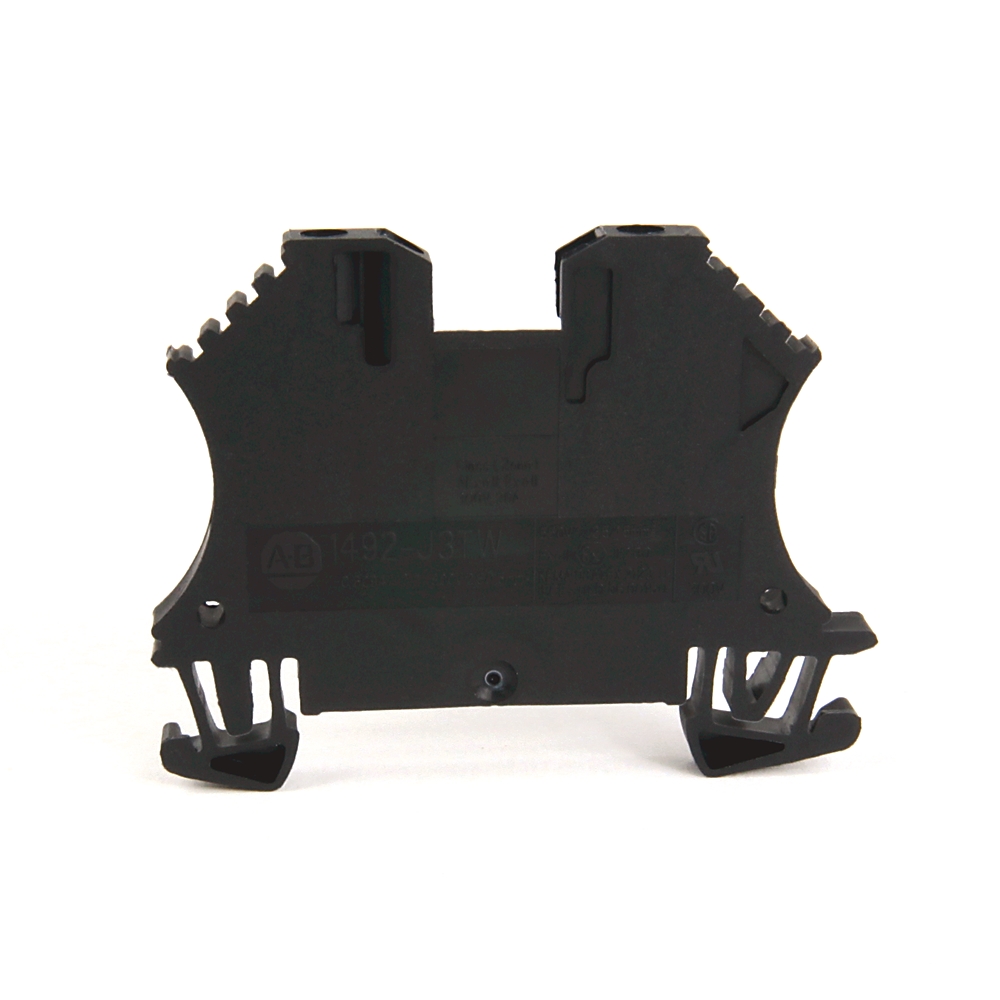 Back view of a black plastic terminal block module with two mounting clips, used in industrial control systems